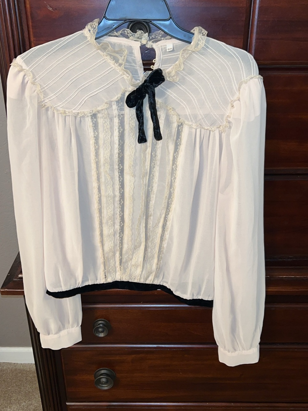 Ivory Lace-Trim Bow Blouse with Black Velvet Accent